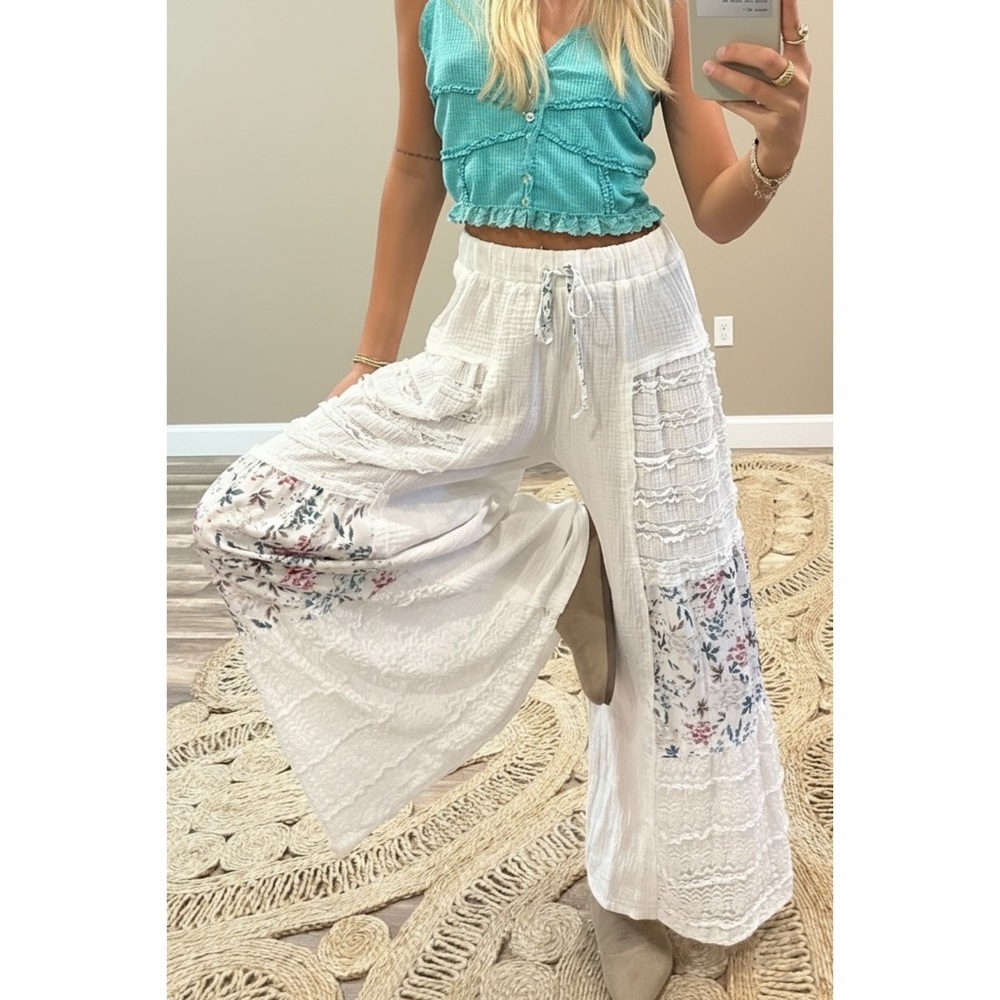 POL Ivory Patchwork Wide Leg Pants | Lace Floral Elastic Waist Pull On - Picture 6 of 7